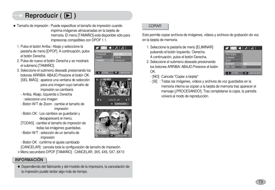 Samsung EC-S750ZPBB/E1 manual El botón Derecha, El submenú Tamaño, Botón W/T selección de un tamaño de Impresión 