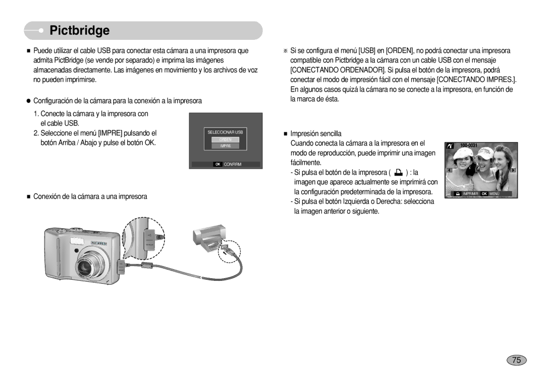 Samsung EC-S630ZSFC/E1, EC-S750ZRBB/E1, EC-S750ZBDA/E3, EC-S730ZBDA/DE Pictbridge, Botón Arriba / Abajo y pulse el botón OK 