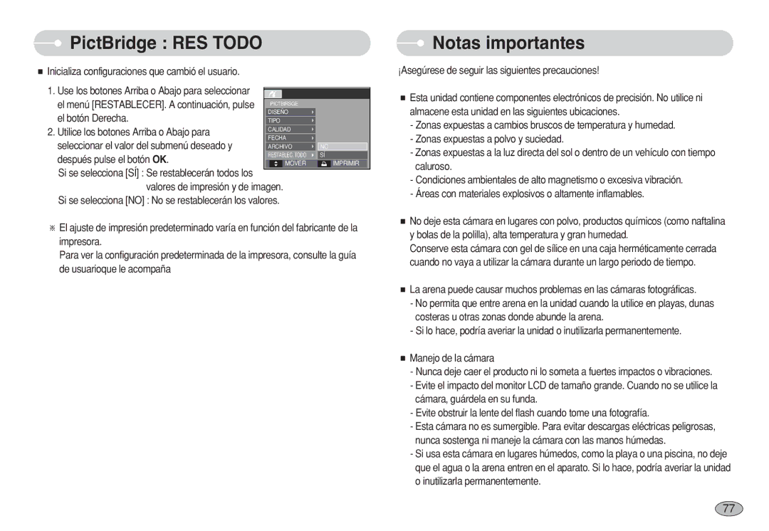 Samsung EC-S630ZBFA/AS manual PictBridge RES Todo, Notas importantes, ¡Asegúrese de seguir las siguientes precauciones 