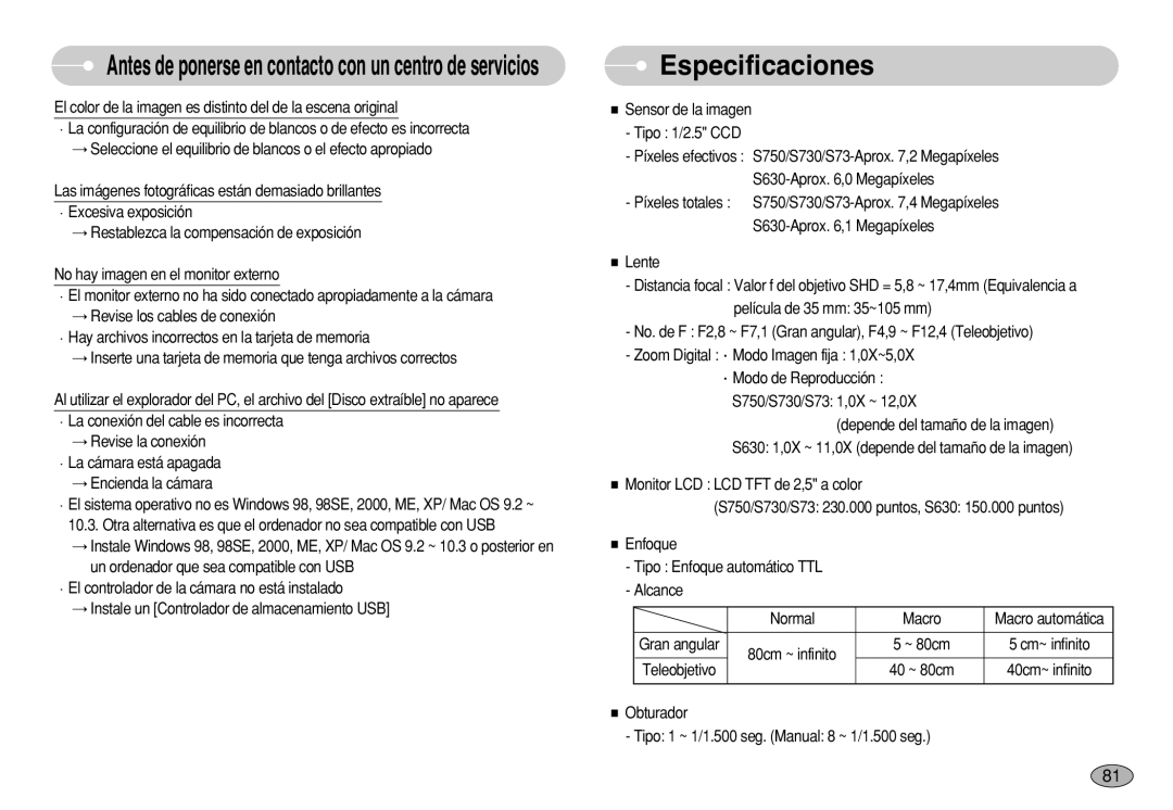 Samsung EC-S750ZPDA/AS, EC-S750ZRBB/E1 manual Especificaciones, El color de la imagen es distinto del de la escena original 