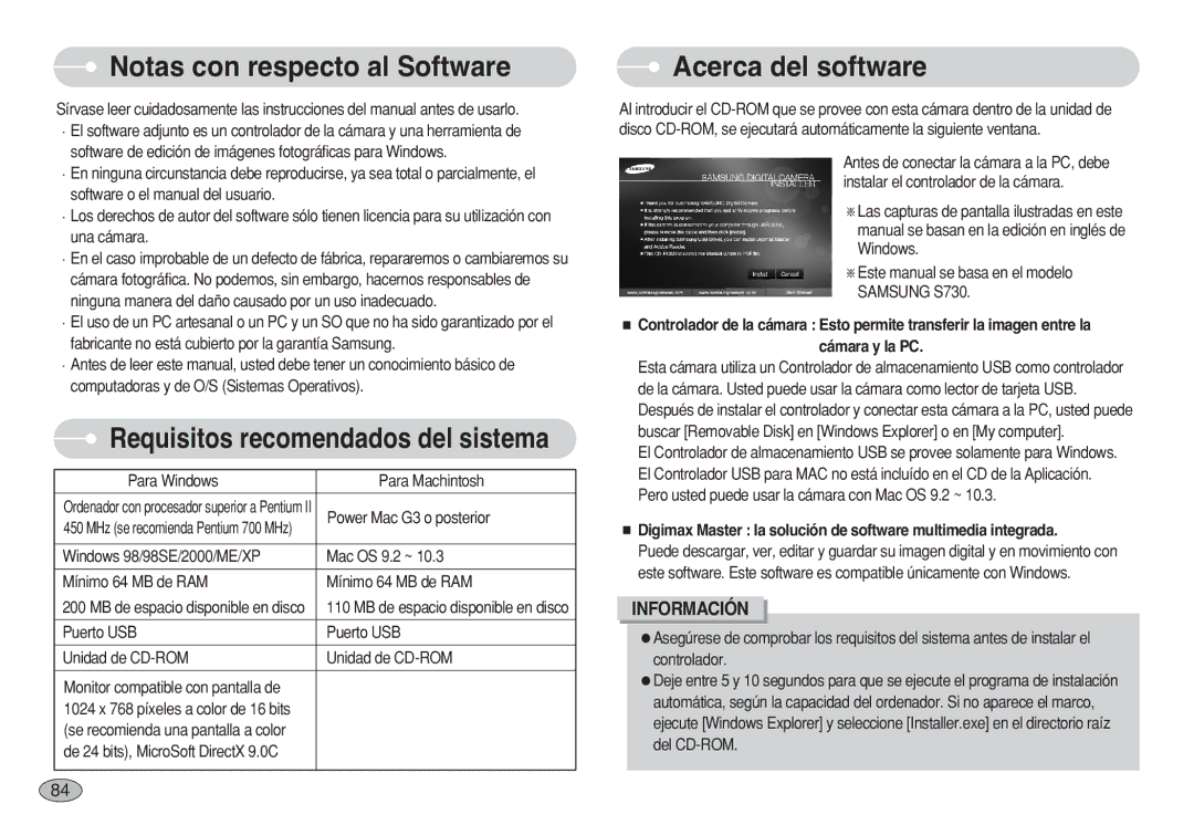 Samsung EC-S630ZBBN/E1, EC-S750ZRBB/E1, EC-S750ZBDA/E3 Notas con respecto al Software, Acerca del software, Samsung S730 