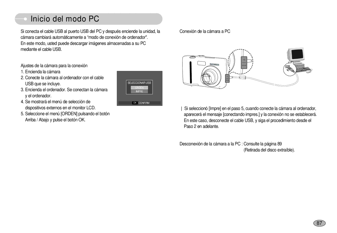 Samsung EC-S750ZBDA/E3, EC-S750ZRBB/E1, EC-S730ZBDA/DE, EC-S630ZRBB/E1, EC-S750ZSDA/E3, EC-S630ZSHA/E3 manual Inicio del modo PC 