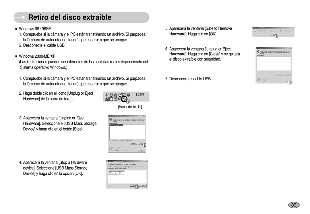 Samsung EC-S630ZRBB/E1, EC-S750ZRBB/E1 manual Retiro del disco extraíble, Windows 98 / 98SE, Desconecte el cable USB 