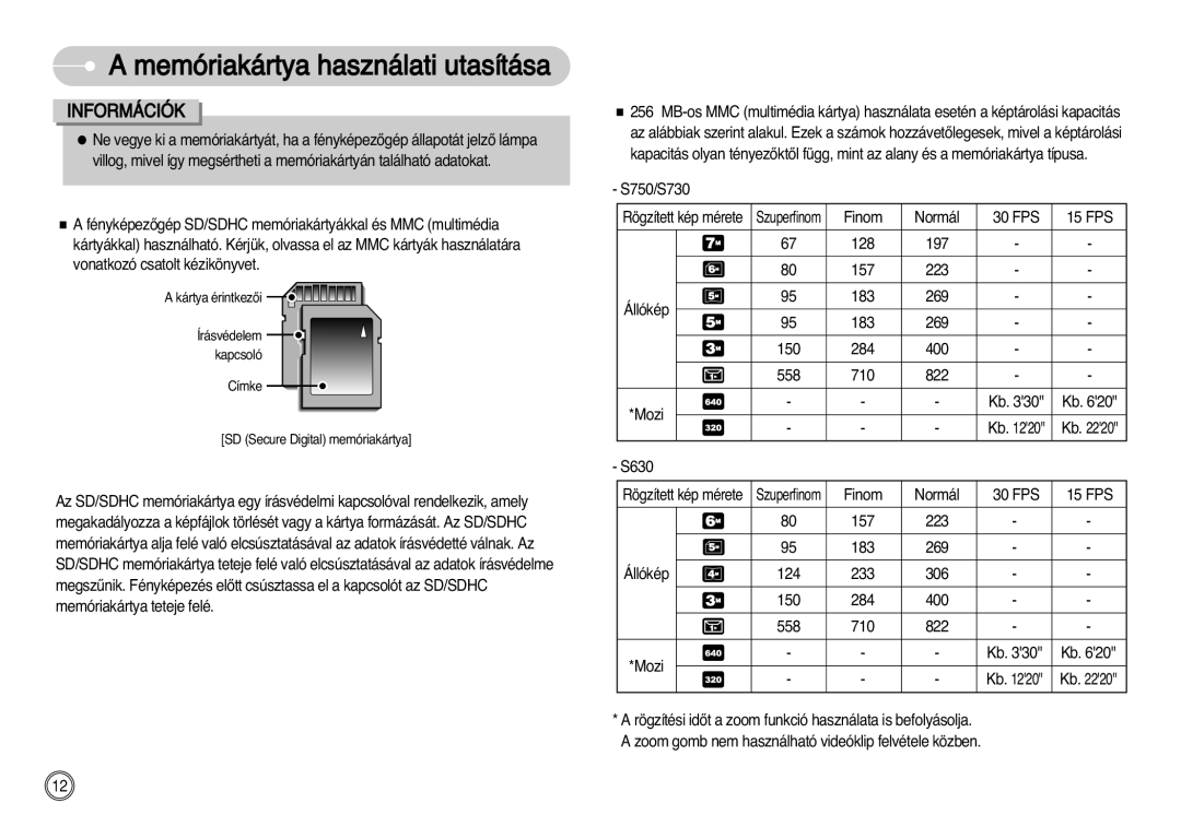 Samsung EC-S750ZSBA/E1, EC-S750ZRBB/E1, EC-S750ZBDA/E3, EC-S730ZBDA/DE manual S750/S730, Finom Normál, Állókép, Mozi S630 