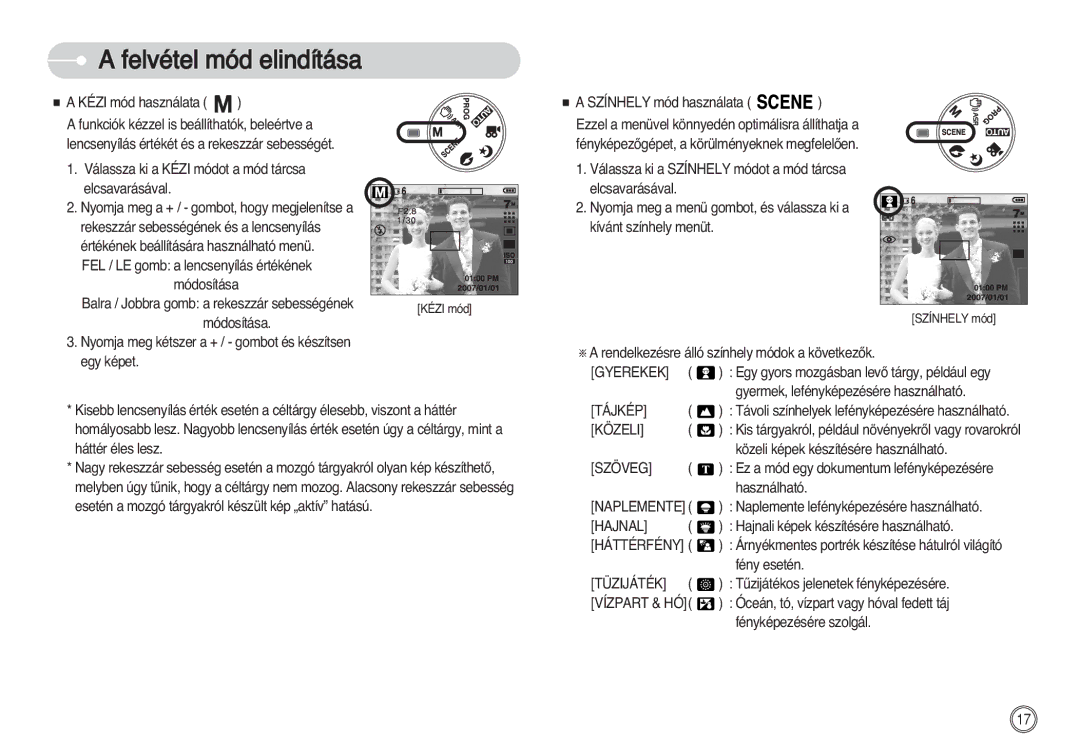 Samsung EC-S630ZRDA/E3, EC-S750ZRBB/E1, EC-S750ZBDA/E3 manual Közeli, Naplemente, Hajnal, Háttérfény, Tüzijáték, Vízpart & HÓ 