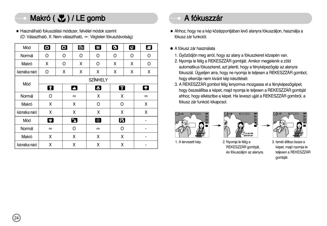 Samsung EC-S730ZSDA/DE, EC-S750ZRBB/E1, EC-S750ZBDA/E3, EC-S730ZBDA/DE Makró LE gomb, Fókuszzár, Végtelen fókusztávolság 