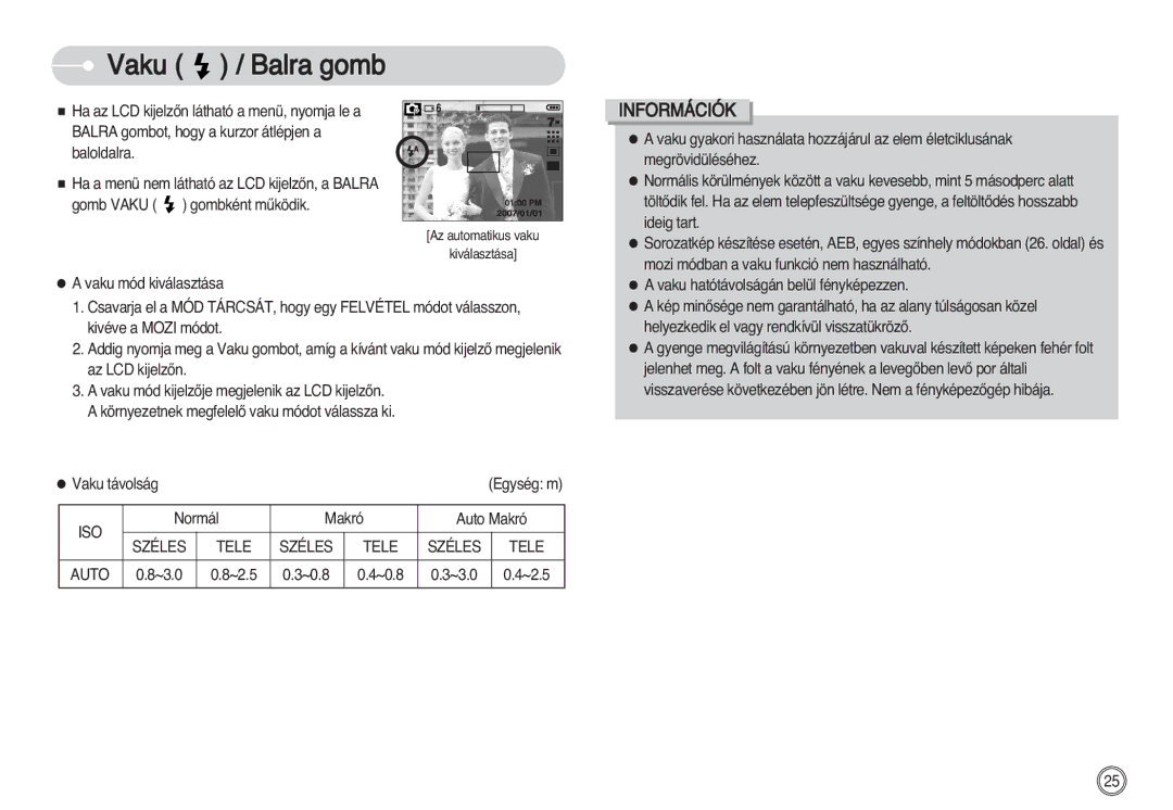 Samsung EC-S750ZRDA/E3 manual Vaku / Balra gomb, Vaku távolság, Normál Makró Auto Makró, Széles Tele Auto, ~3.0 ~2.5 ~0.8 