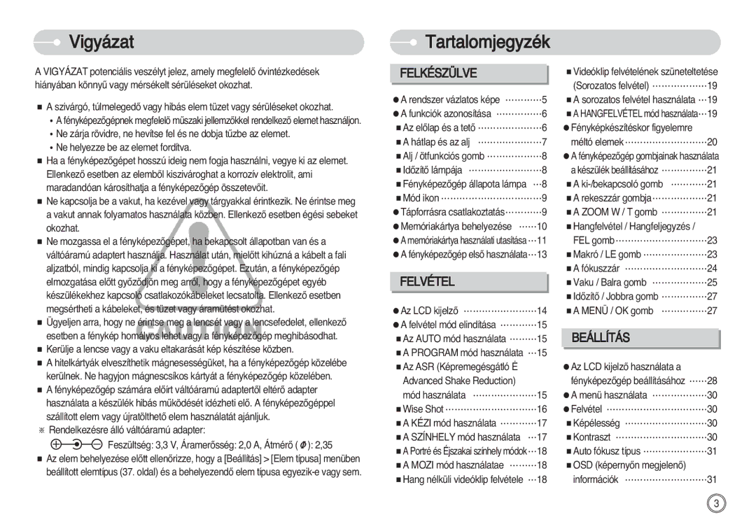 Samsung EC-S630ZRBB/FR, EC-S750ZRBB/E1, EC-S750ZBDA/E3, EC-S730ZBDA/DE, EC-S630ZSBD/FR manual Vigyázat, Tartalomjegyzék 