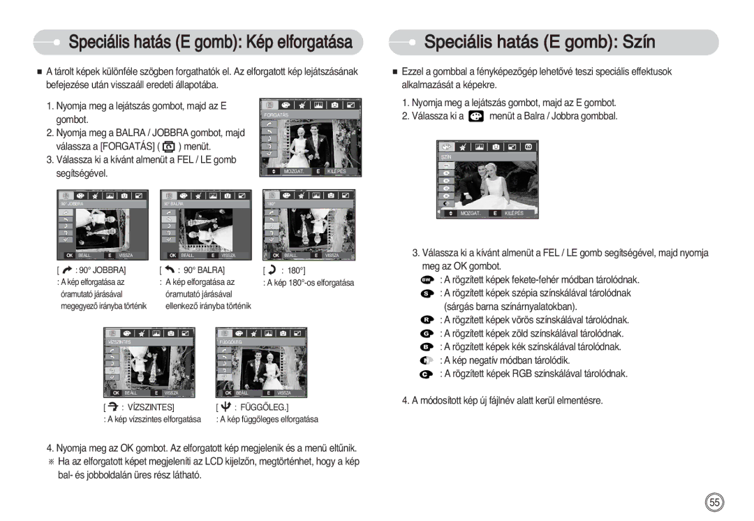 Samsung EC-S630ZSFB/FR manual Speciális hatás E gomb Kép elforgatása, Meg az OK gombot, Sárgás barna színárnyalatokban 