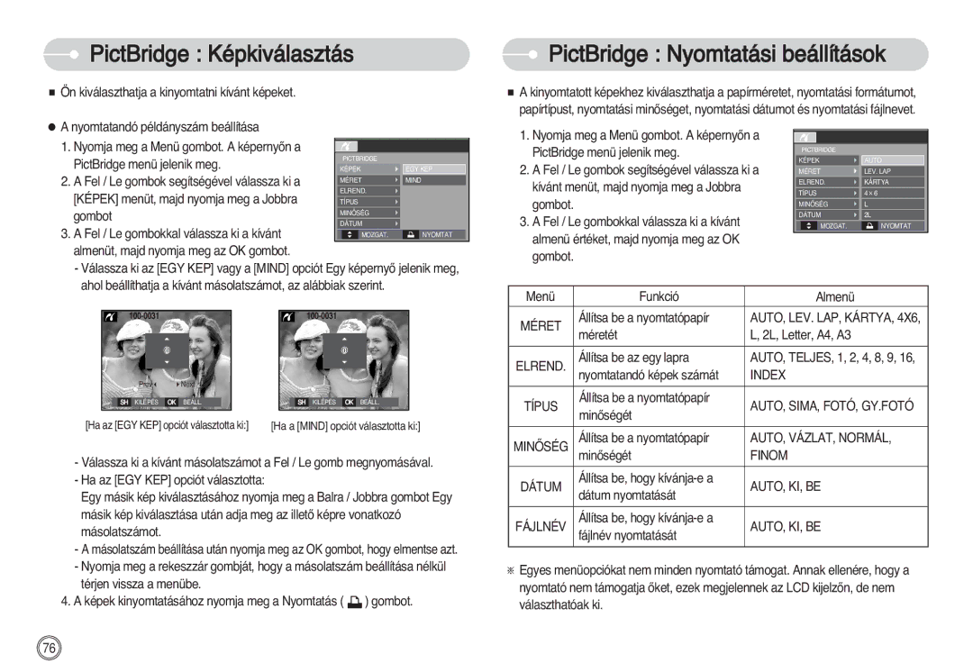 Samsung EC-S630ZRBB/E1, EC-S750ZRBB/E1, EC-S750ZBDA/E3 manual PictBridge Képkiválasztás, PictBridge Nyomtatási beállítások 