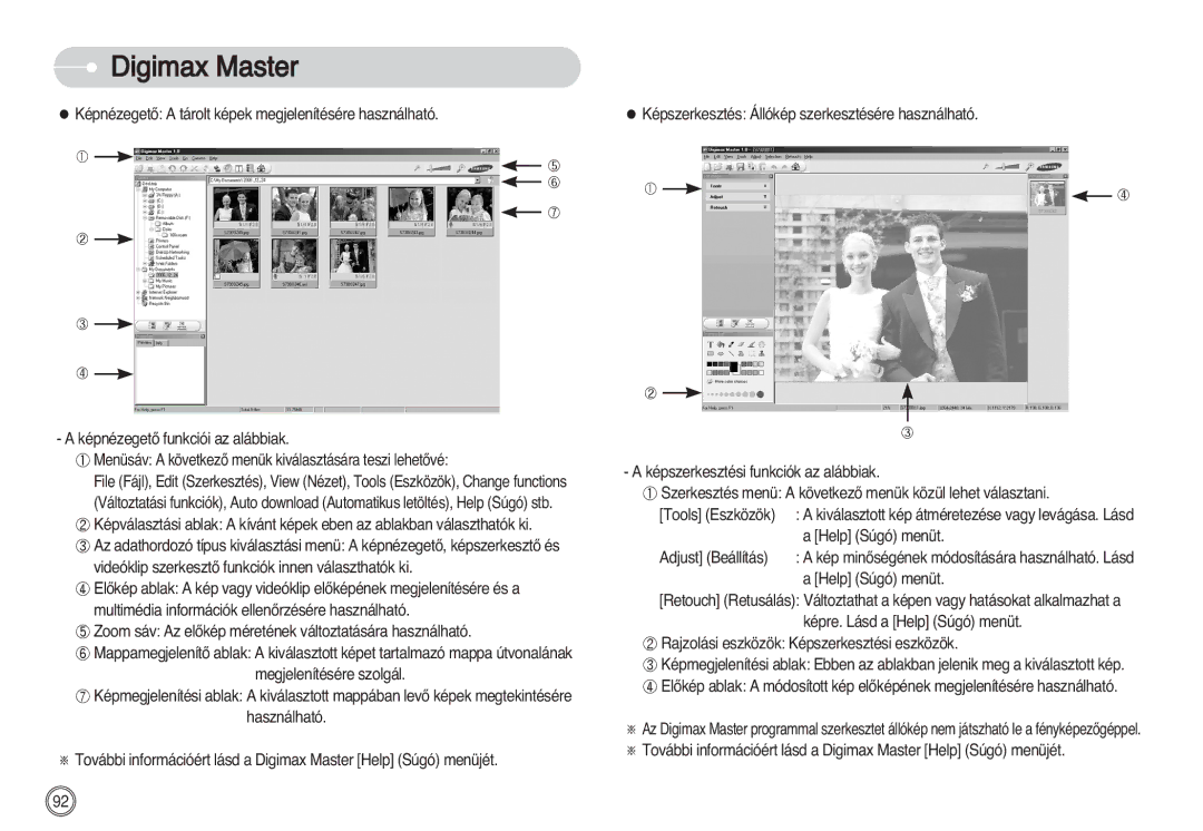 Samsung EC-S630ZSFA/FR manual Zoom sáv Az elŒkép méretének változtatására használható, Help Súgó menüt, Adjust Beállítás 