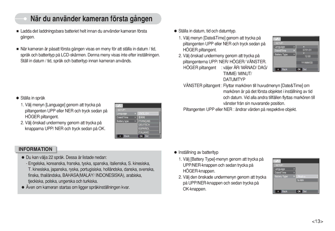 Samsung EC-S630ZRDA/E3 manual Ställa in datum, tid och datumtyp, Datumtyp, Du kan välja 22 språk. Dessa är listade nedan 