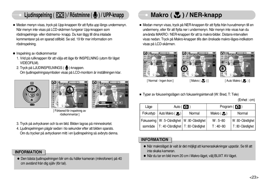 Samsung EC-S750ZPBA/E2 manual Makro / NER-knapp, Videofilm, Tryck på Ljudinspelnings -knappen, Program, Makro Normal 