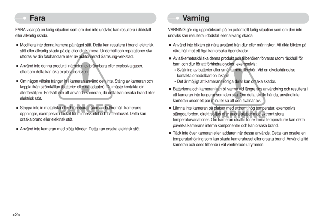 Samsung EC-S730ZBDA/DE, EC-S750ZSBB/E2, EC-S750ZBDA/E3, EC-S750ZBBB/E2, EC-S630ZPBB/E2, EC-S750ZSDA/E3 manual Fara, Varning 