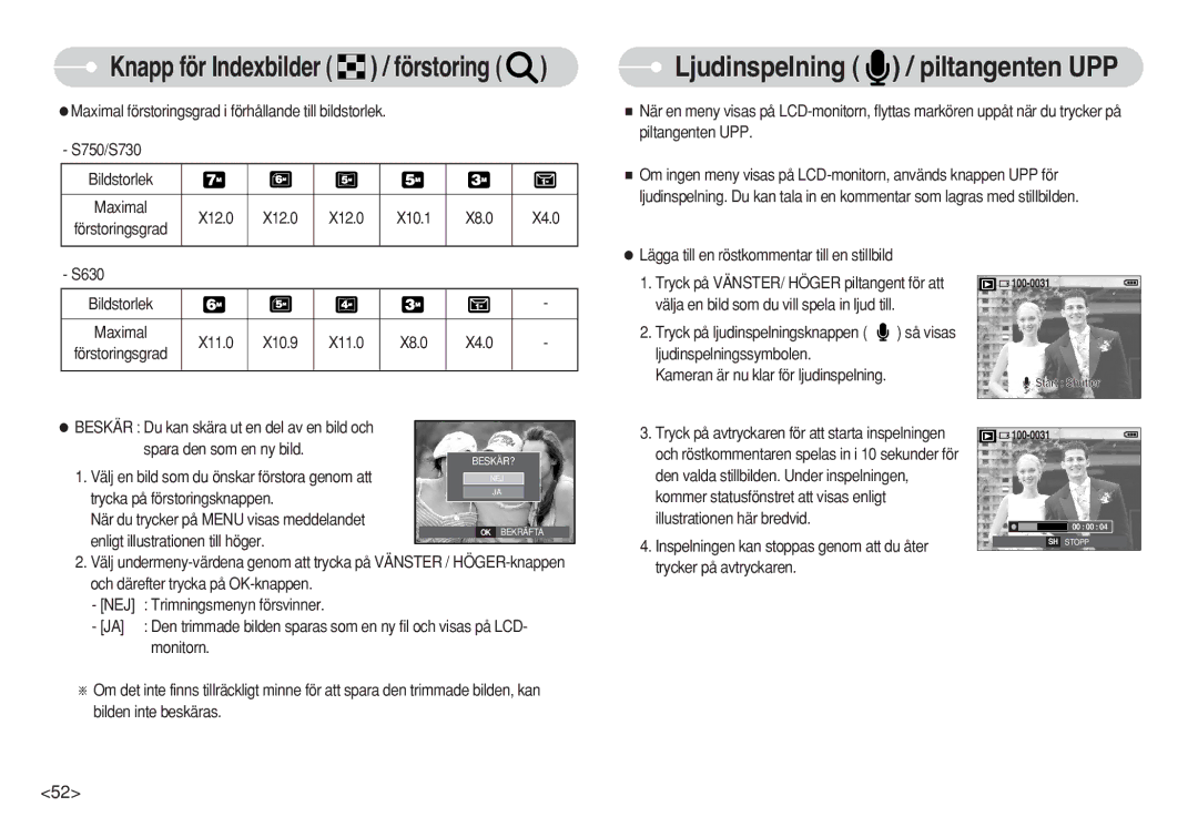 Samsung EC-S730ZSBB/E2, EC-S750ZSBB/E2 manual Ljudinspelning / piltangenten UPP, X12.0 X10.1 X8.0, X11.0 X10.9 X8.0 X4.0 