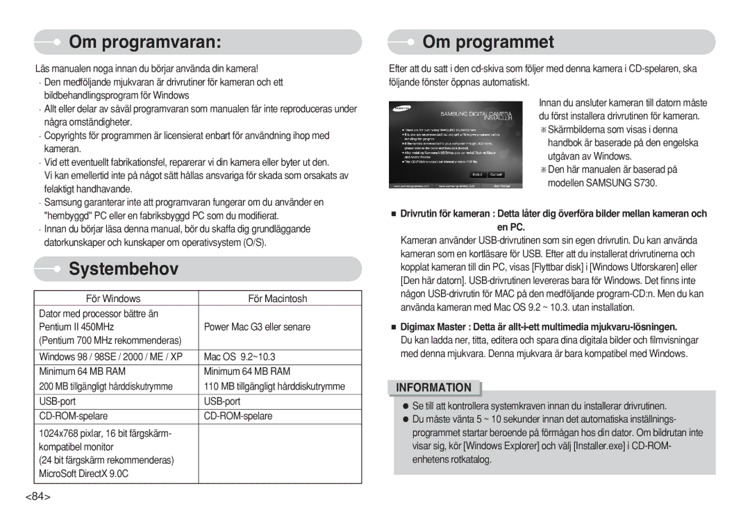 Samsung EC-S730ZSDA/DE, EC-S750ZSBB/E2, EC-S750ZBDA/E3, EC-S750ZBBB/E2 manual Om programvaran, Systembehov, Om programmet 