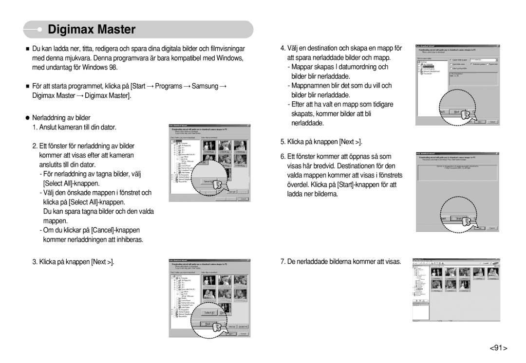 Samsung EC-S630ZEBA/E2 manual Digimax Master, Du kan spara tagna bilder och den valda mappen, Klicka på knappen Next 