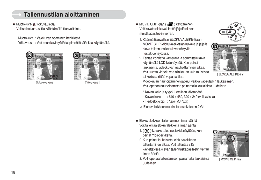 Samsung EC-S630ZRBD/E2 manual Valokuvan ottaminen henkilöstä, Yökuvaus, Tai kortissa riittää vapaata tilaa, Ilman ääntä 