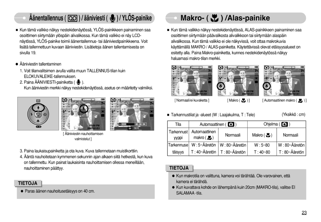 Samsung EC-S750ZPBA/E2, EC-S750ZSBB/E2 manual Makro- /Alas-painike, Ääniviestin tallentaminen, Paina ÄÄNIVIESTI-painiketta 