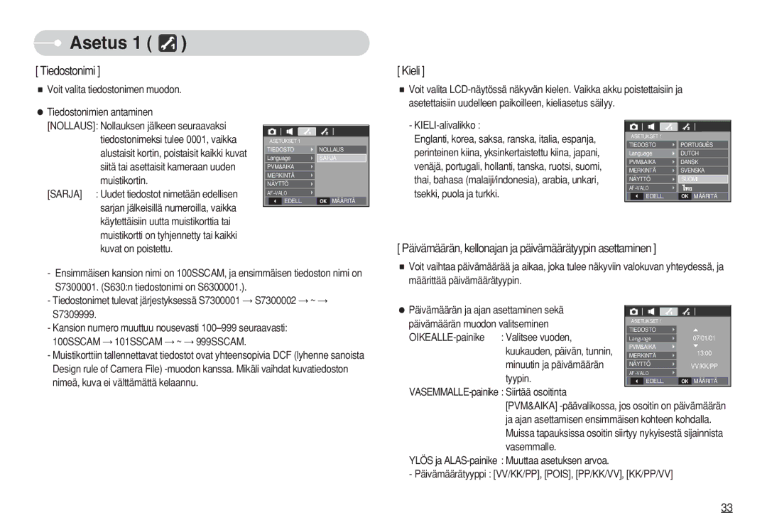 Samsung EC-S730ZPBA/E2, EC-S750ZSBB/E2 Asetus, Voit valita tiedostonimen muodon Tiedostonimien antaminen, KIELI-alivalikko 