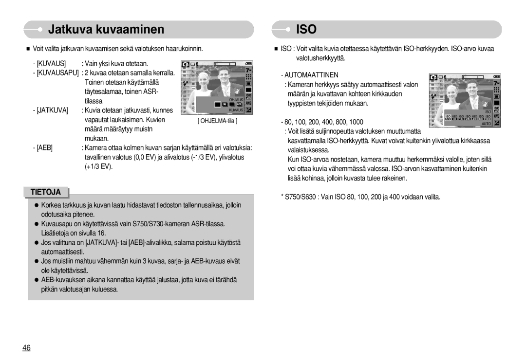 Samsung EC-S630ZRBB/E2, EC-S750ZSBB/E2, EC-S750ZBDA/E3, EC-S750ZBBB/E2 manual Jatkuva kuvaaminen, Kuvaus, Automaattinen 