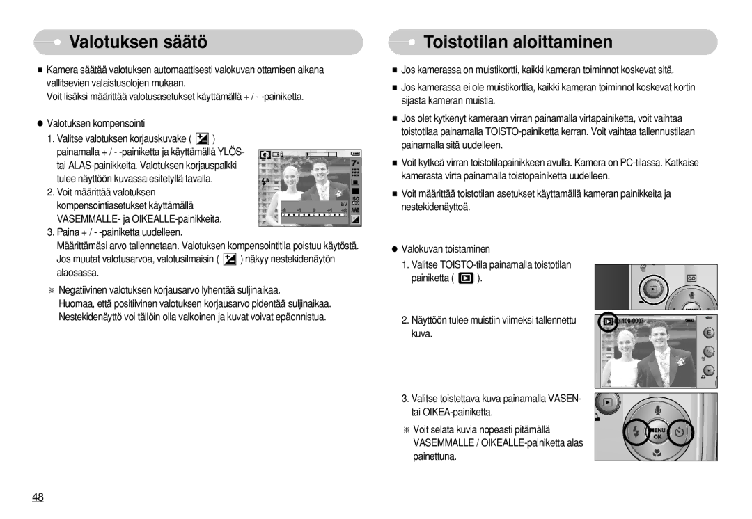 Samsung EC-S630ZRDA/E3, EC-S750ZSBB/E2 Valotuksen säätö, Toistotilan aloittaminen, VASEMMALLE- ja OIKEALLE-painikkeita 