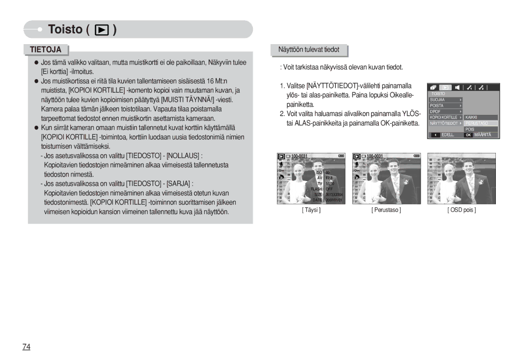 Samsung EC-S750ZSDA/E3, EC-S750ZSBB/E2, EC-S750ZBDA/E3, EC-S750ZBBB/E2 manual Voit tarkistaa näkyvissä olevan kuvan tiedot 