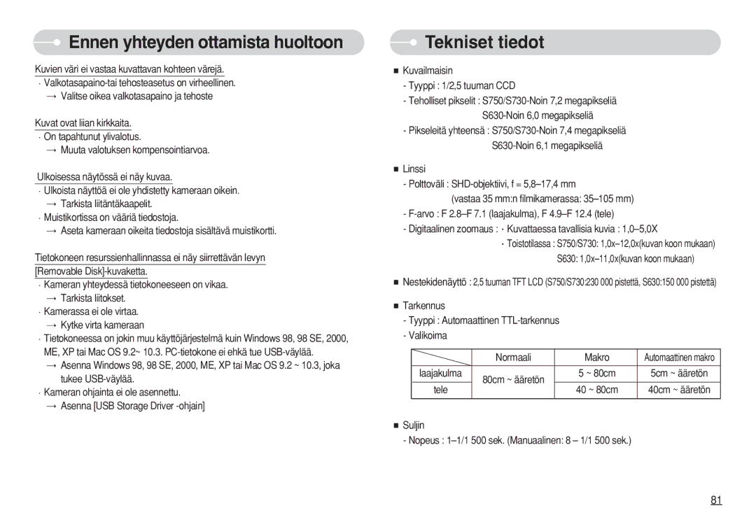 Samsung EC-S630ZRBB/E2 manual Tekniset tiedot, Kuvailmaisin Tyyppi 1/2,5 tuuman CCD, S630 1,0x-11,0xkuvan koon mukaan 