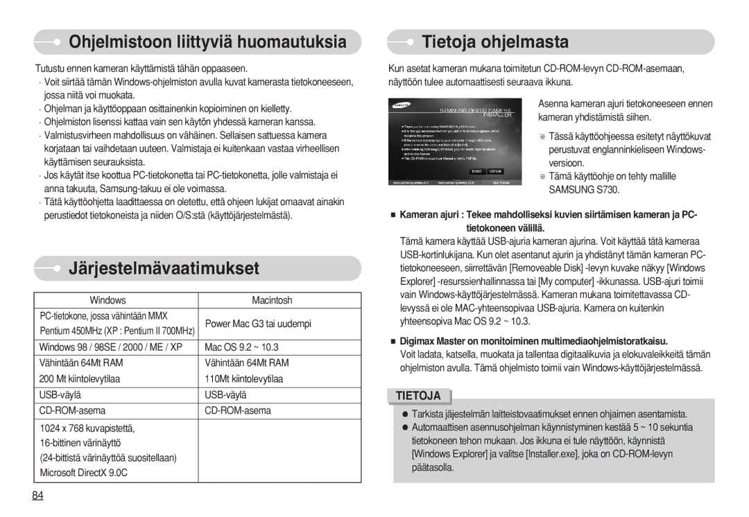 Samsung EC-S730ZSDA/DE, EC-S750ZSBB/E2 Ohjelmistoon liittyviä huomautuksia, Järjestelmävaatimukset, Tietoja ohjelmasta 