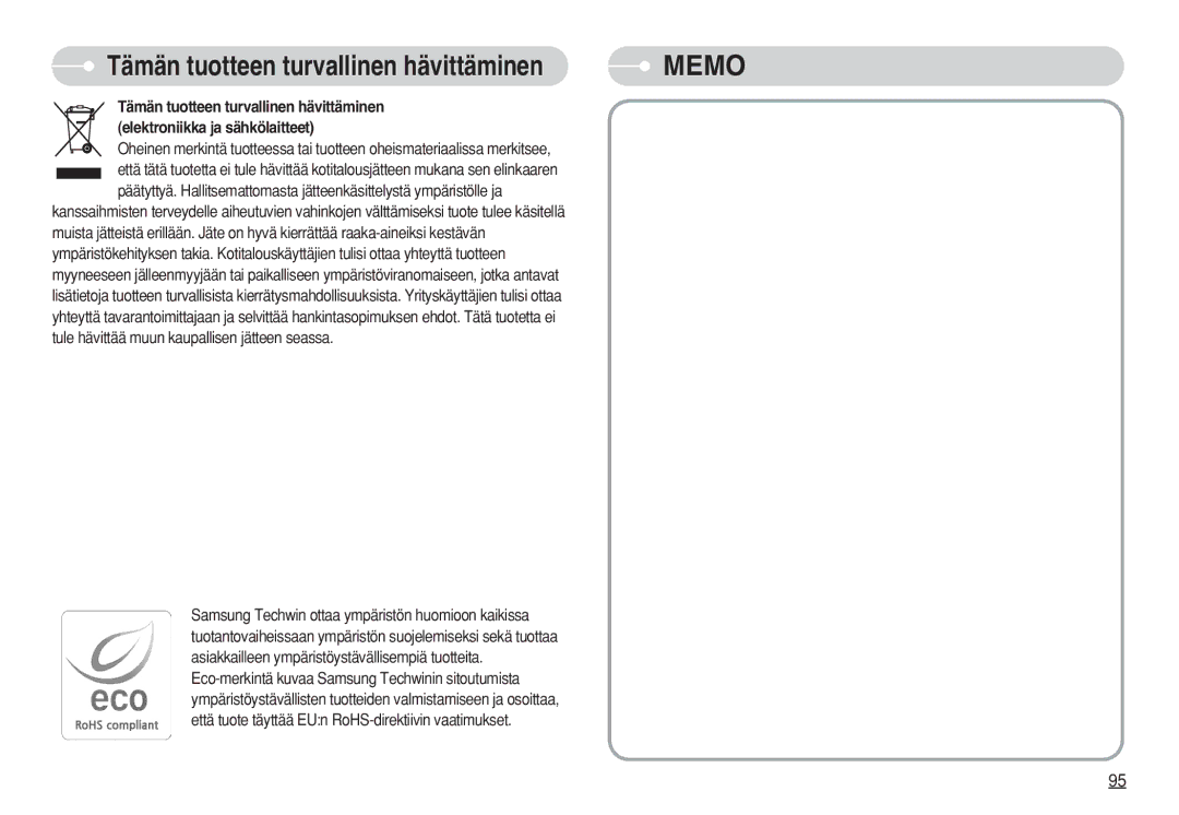 Samsung EC-S630ZBBF/E2, EC-S750ZSBB/E2, EC-S750ZBDA/E3, EC-S750ZBBB/E2 manual Tämän tuotteen turvallinen hävittäminen, Memo 