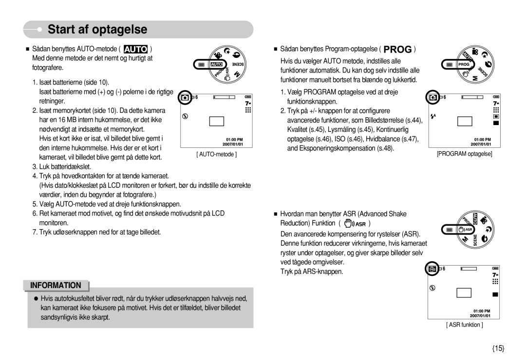 Samsung EC-S750ZRDA/E3 manual Start af optagelse, Vælg Program optagelse ved at dreje funktionsknappen, Tryk på ARS-knappen 