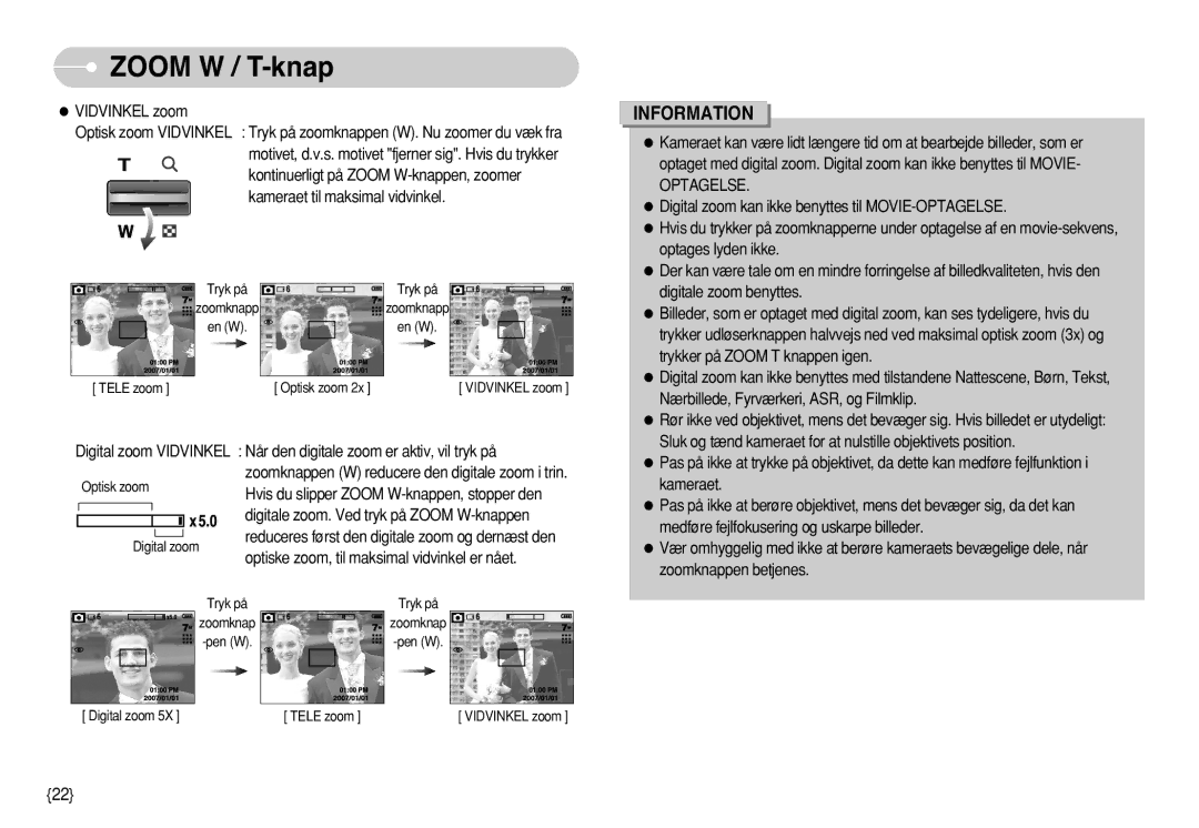 Samsung EC-S750ZSBC/E2, EC-S750ZSBB/E2, EC-S750ZBDA/E3, EC-S750ZBBB/E2, EC-S730ZBDA/DE manual Vidvinkel zoom, Optagelse 