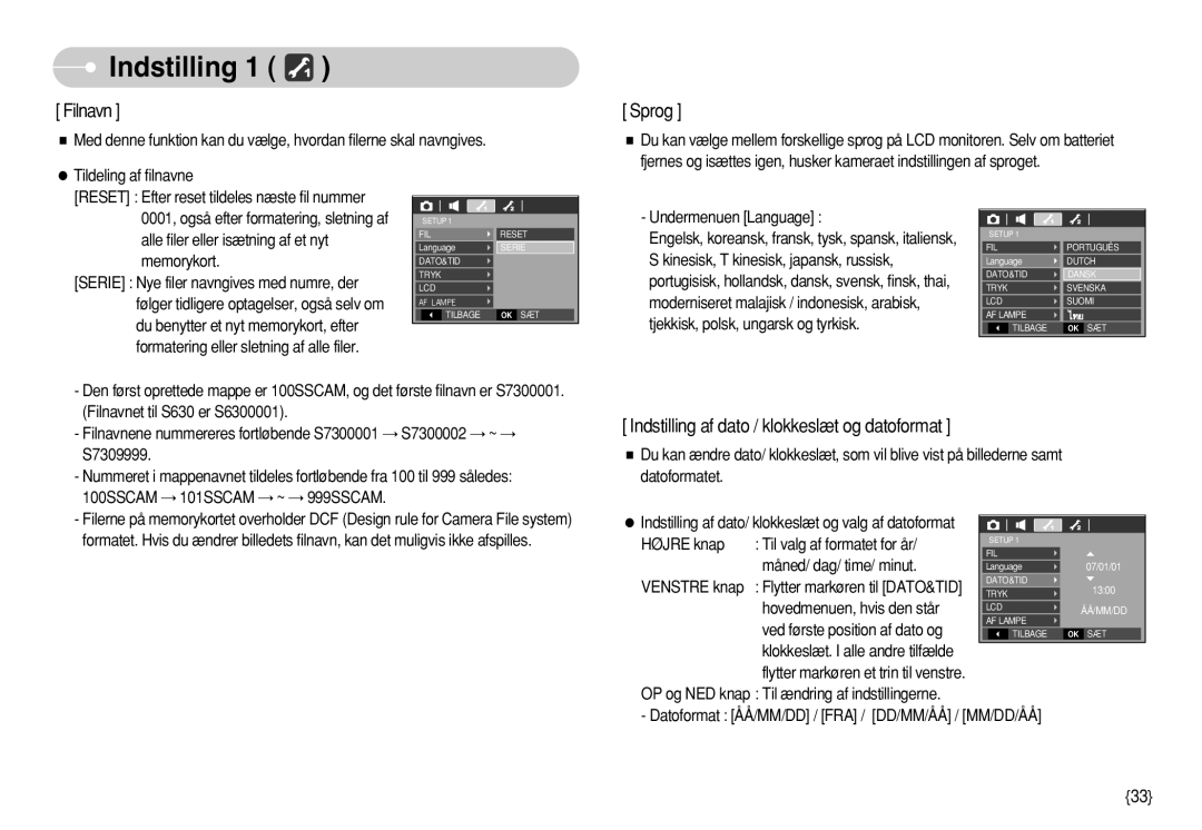 Samsung EC-S730ZPBA/E2, EC-S750ZSBB/E2, EC-S750ZBDA/E3 manual Indstilling, Tildeling af filnavne, Undermenuen Language 