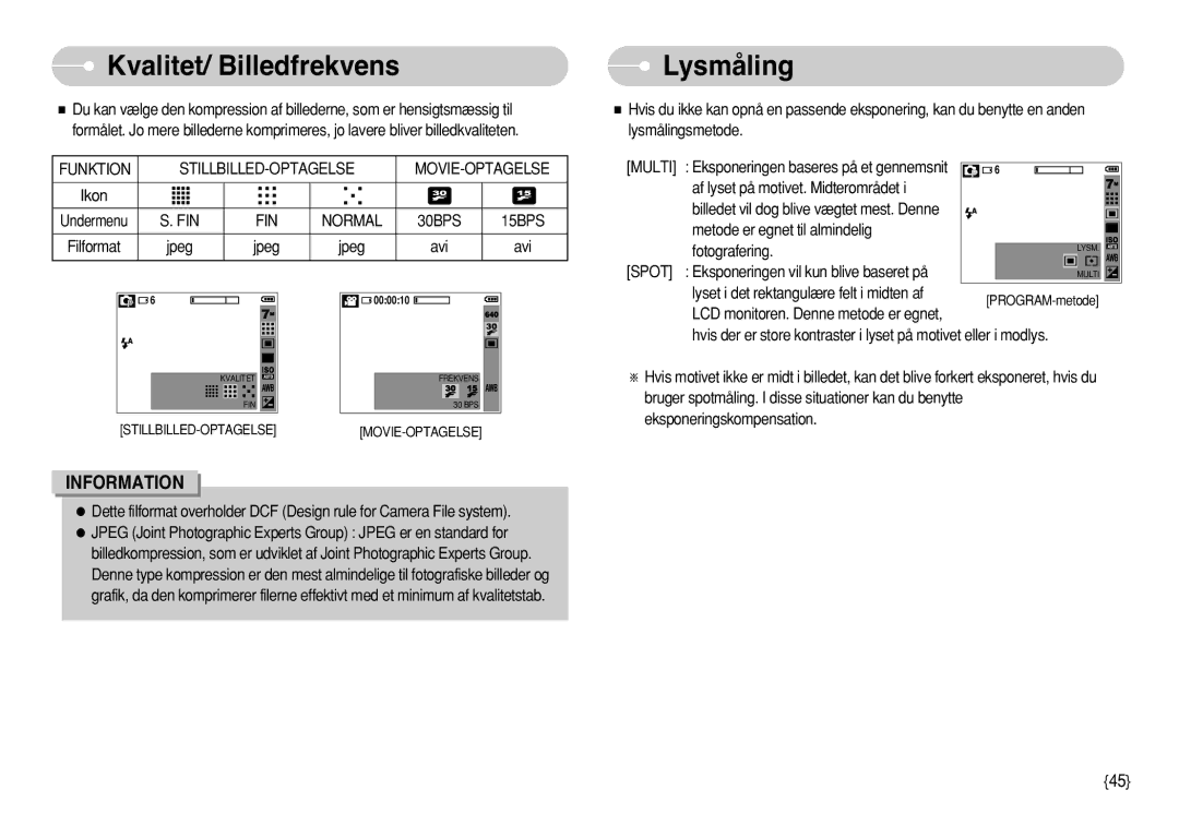 Samsung EC-S630ZSFB/E2, EC-S750ZSBB/E2, EC-S750ZBDA/E3, EC-S750ZBBB/E2 manual Kvalitet/ Billedfrekvens, Lysmåling, Multi, Spot 