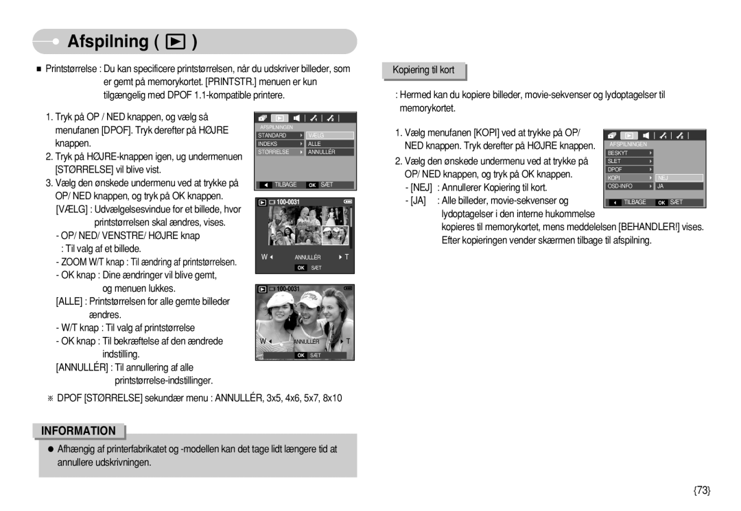 Samsung EC-S630ZPBB/E2 manual Alle billeder, movie-sekvenser og, Dpof Størrelse sekundær menu ANNULLÉR, 3x5, 4x6, 5x7 