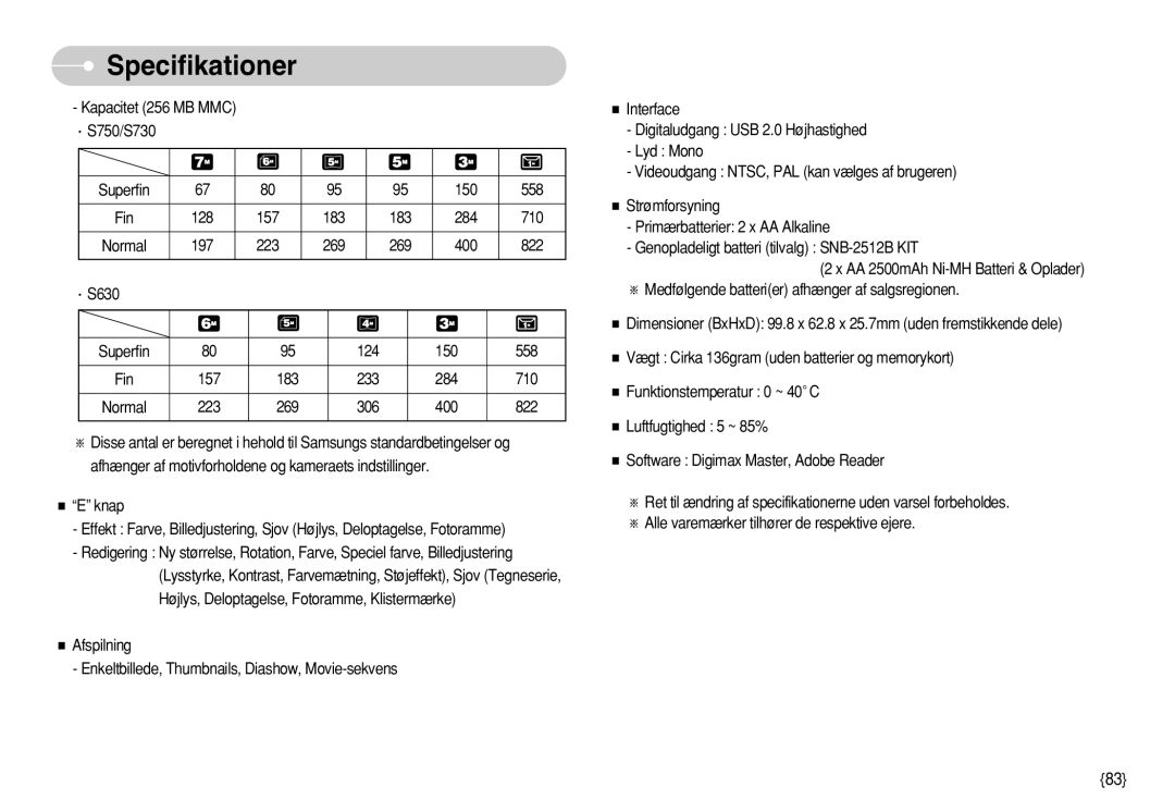 Samsung EC-S630ZRDA/E3 manual Kapacitet 256 MB MMC S750/S730 Superfin 150 558, 400 822 S630, 124 150 558, 233 284 710 