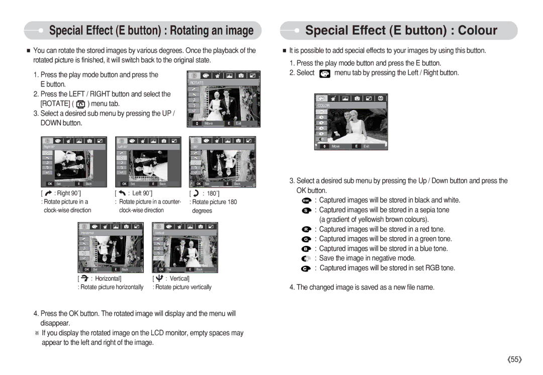 Samsung STW-S630S, EC-S750ZSBB/E2, EC-S750ZRBB/E1, EC-S750ZBDA/E3 manual Special Effect E button Rotating an image, Select 