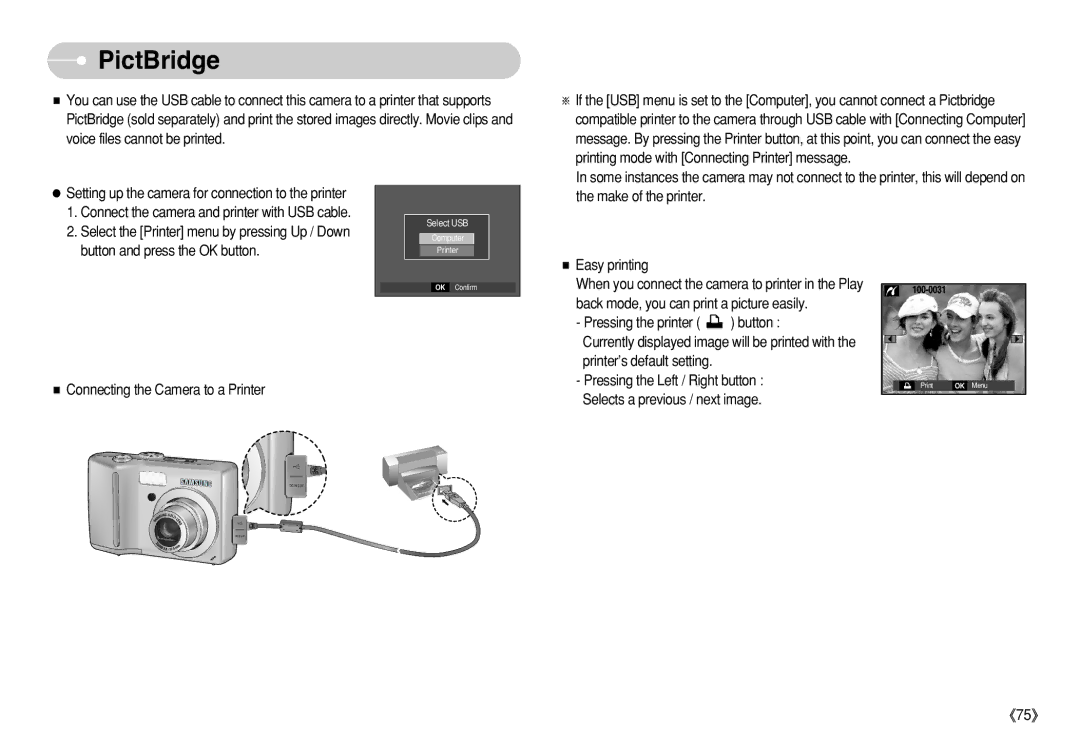 Samsung EC-S630ZBFC/E1 manual PictBridge, Select the Printer menu by pressing Up / Down, Button and press the OK button 