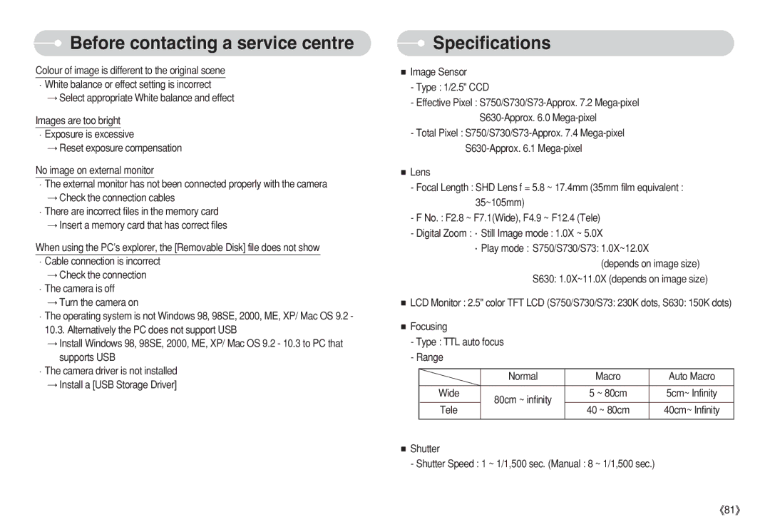 Samsung EC-S750ZPDA/AS, EC-S750ZSBB/E2 Specifications, Image Sensor Type 1/2.5 CCD, S630 1.0X~11.0X depends on image size 