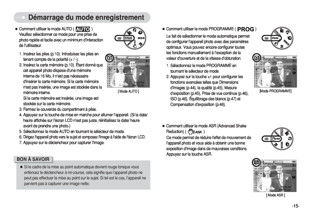 Samsung EC-S750ZBBA/FR manual Démarrage du mode enregistrement, Bon À Savoir, Comment utiliser le mode PROGRAMME, Reduction 