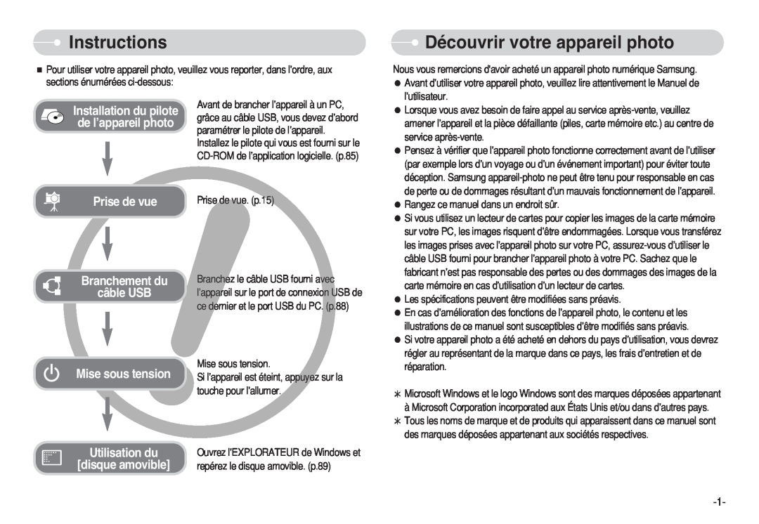 Samsung EC-S750ZBDA/E3, EC-S750ZSBB/E2 Instructions, Découvrir votre appareil photo, repérez le disque amovible. p.89 