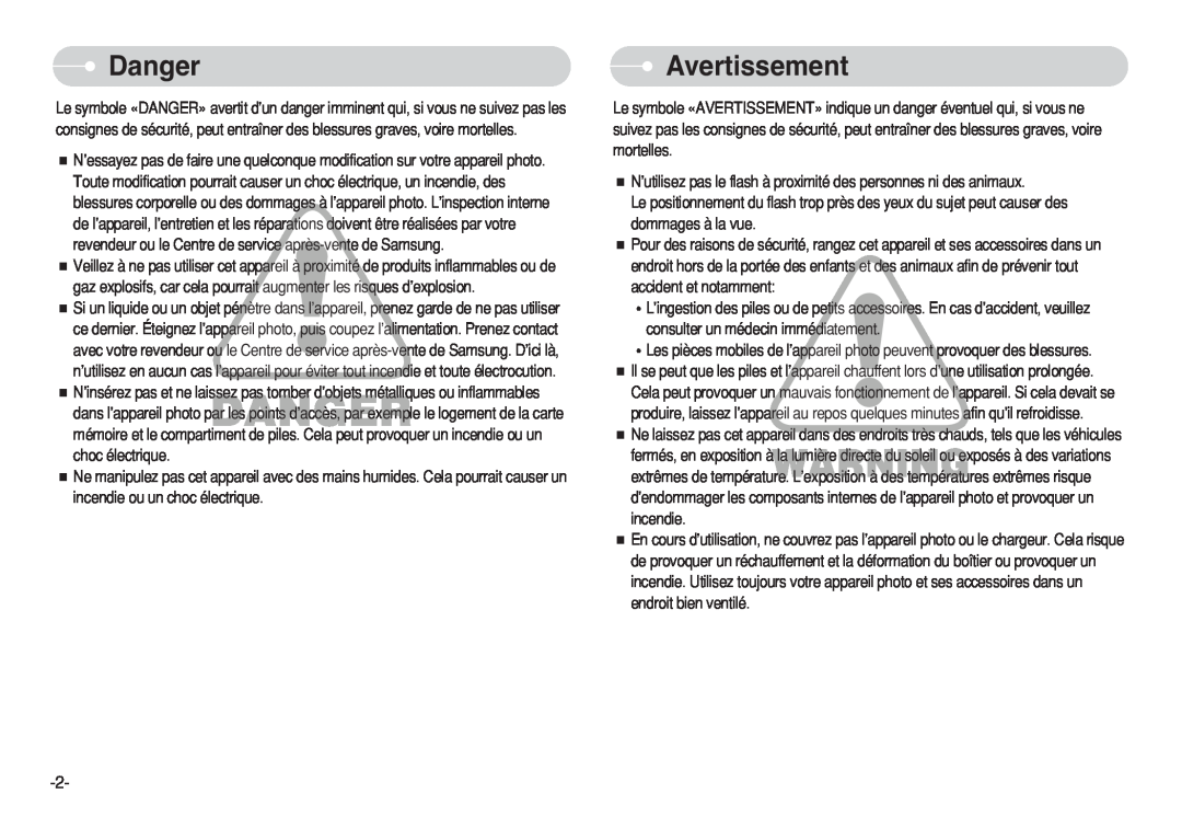 Samsung EC-S750ZBBB/E2, EC-S750ZSBB/E2, EC-S750ZRBB/E1, EC-S750ZBDA/E3, EC-S730ZBDA/DE, EC-S630ZSBD/FR Danger, Avertissement 