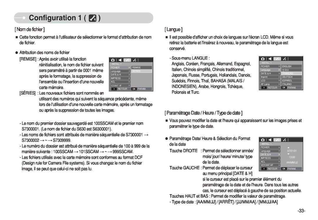 Samsung EC-S630ZPDA/E3 manual Configuration, Nom de fichier, Langue, Paramétrage Date / Heure / Type de date, carte mémoire 