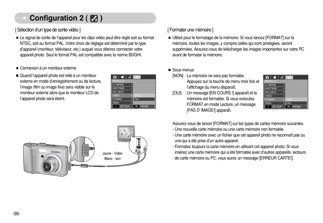 Samsung EC-S750ZSBA/FR, EC-S750ZSBB/E2 manual Sélection d’un type de sortie vidéo, Formater une mémoire, Configuration 