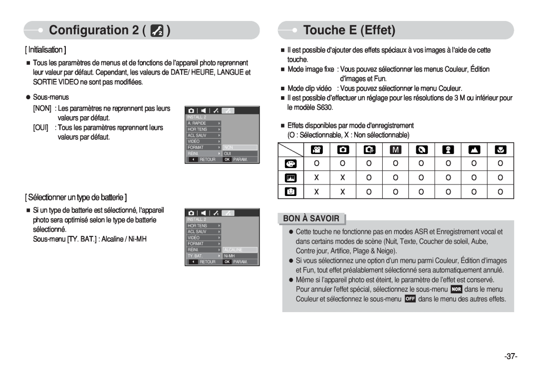 Samsung EC-S750ZRBA/FR manual Touche E Effet, Initialisation, Sélectionner un type de batterie, Configuration, Bon À Savoir 