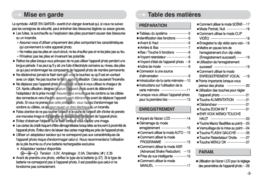 Samsung EC-S730ZBDA/DE, EC-S750ZSBB/E2 manual Mise en garde, Table des matières, Préparation, Enregistrement, Param 