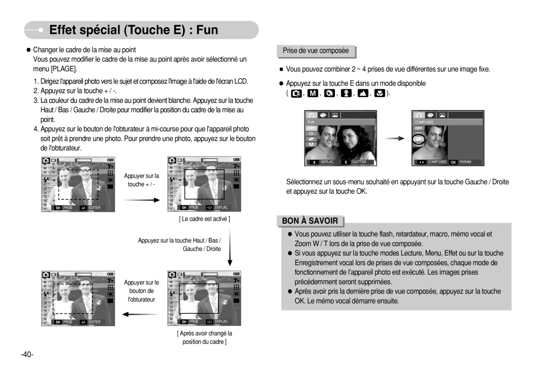 Samsung EC-S630ZSFA/E1, EC-S750ZSBB/E2, EC-S750ZRBB/E1 manual Effet spécial Touche E Fun, Bon À Savoir, Appuyer sur la 
