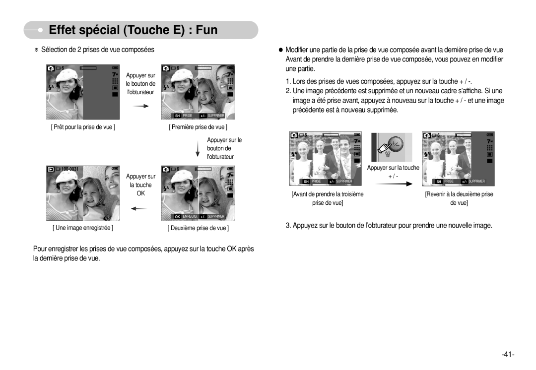 Samsung EC-S630ZSFC/FR, EC-S750ZSBB/E2 manual Effet spécial Touche E Fun, Sélection de 2 prises de vue composées, une partie 