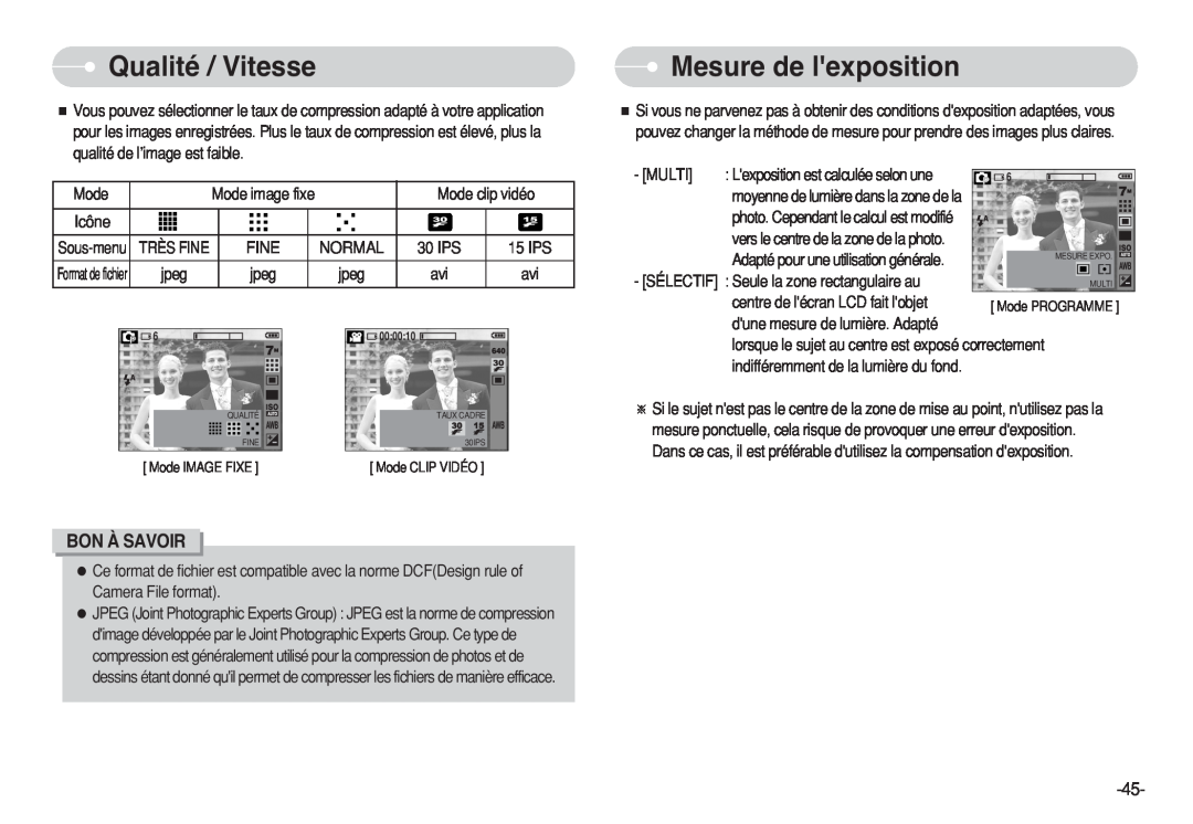 Samsung EC-S750ZRDA/E3, EC-S750ZSBB/E2 manual Qualité / Vitesse, Mesure de lexposition, Bon À Savoir, Mode clip vidéo, Multi 