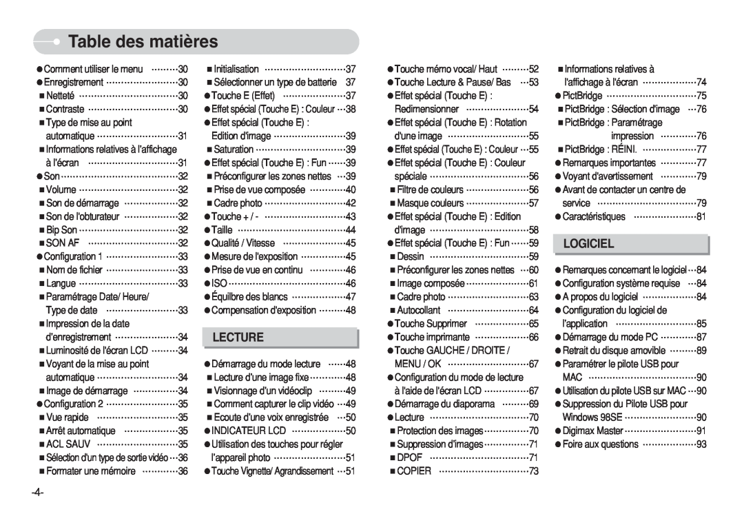 Samsung EC-S630ZSBD/FR, EC-S750ZSBB/E2, EC-S750ZRBB/E1, EC-S750ZBDA/E3, EC-S750ZBBB/E2 Lecture, Logiciel, Table des matières 